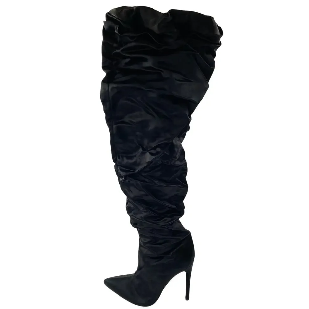 Kendall + Kylie Black Faux Suede Ruched Heeled Pointed Toe Over the Knee Boots 8
